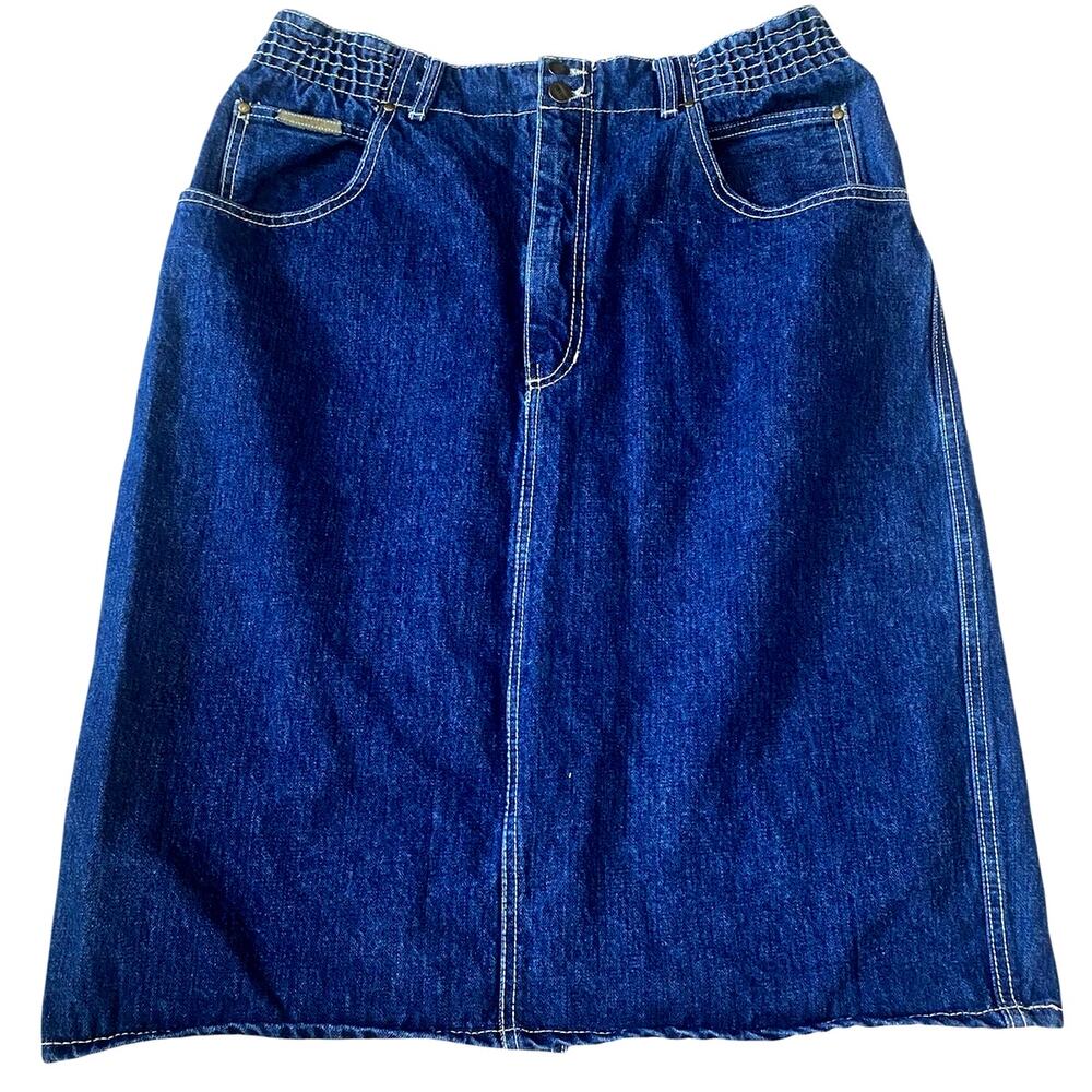 Vintage 80s Gitano Denim Midi Skirt 18W Plus Smocked Waist Western Back Slit